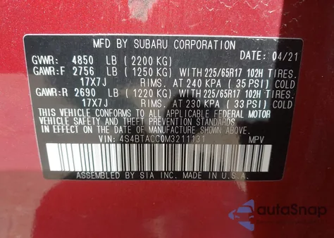 2021 Subaru Outback Premium из США, поврежденный, VIN 4S4BTACC0M3211131